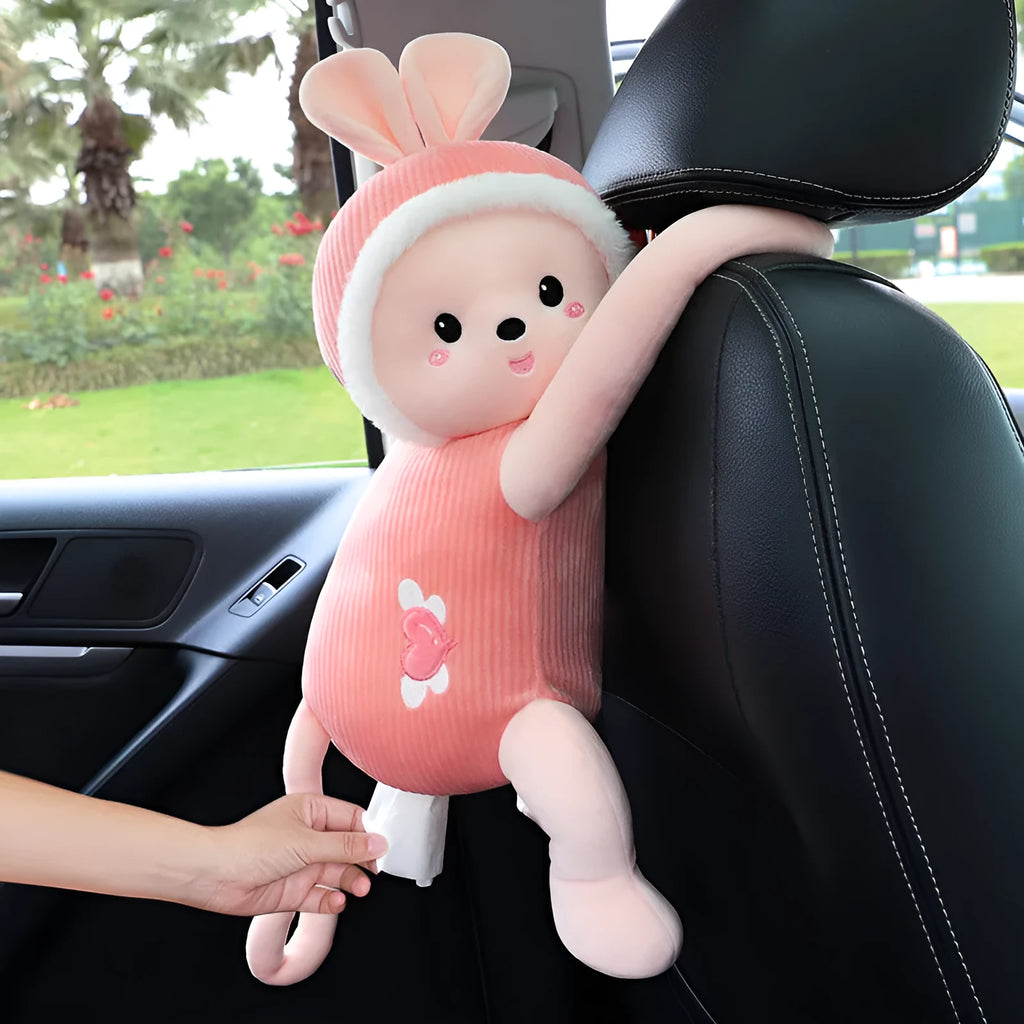 Plush car seat tissue holder with strap attached to vehicle seat back in animal design