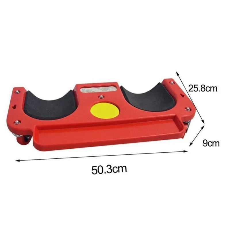 Car repair knee board with universal wheels in blue plastic for household use.