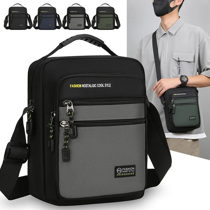 Men's solid colour nylon crossbody bag shown in green, black, dark blue, and gray options.