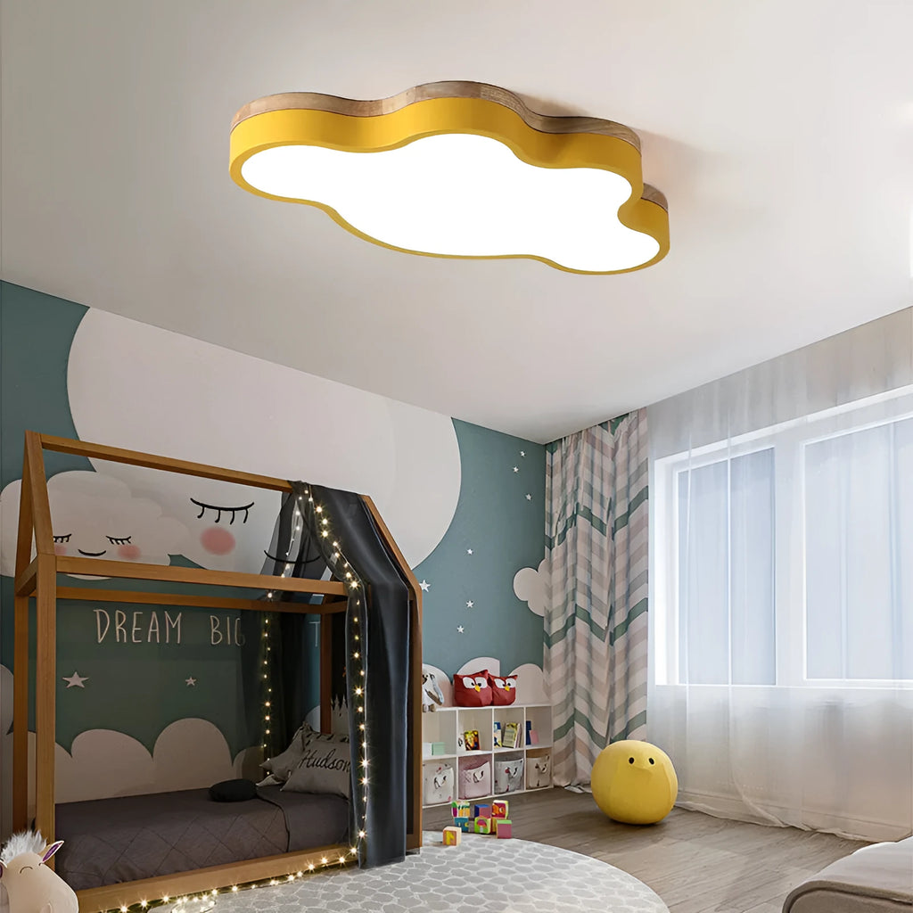 Modern rectangular cloud-shaped LED ceiling lamp with a wooden-style frame, mounted flush to a ceiling.