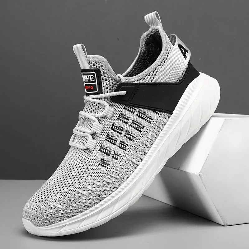 Men's breathable mesh casual sports shoes in Gray with round toe and ankle strap