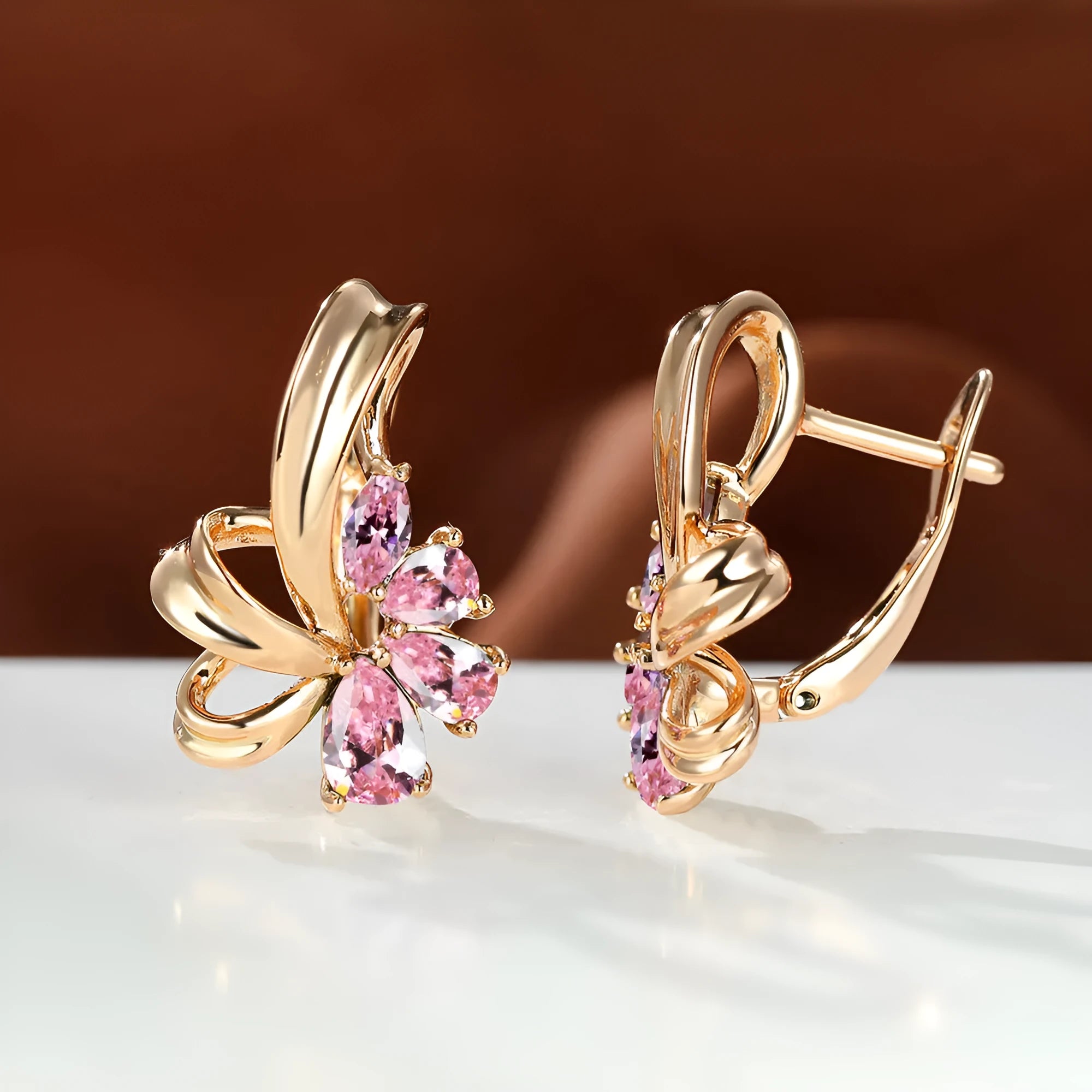 Champagne gold flower earrings with AB colourful crystal on copper, round shape studs for women