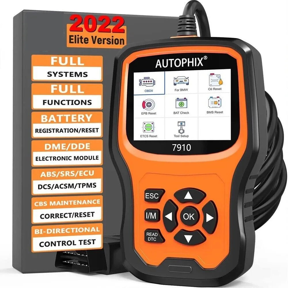 Autophix 7910 BMW OBD2 diagnostic scanner tool on a workshop bench