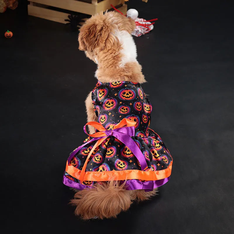 Colourful Halloween dog skirt with pumpkin print, double-layer polyester.