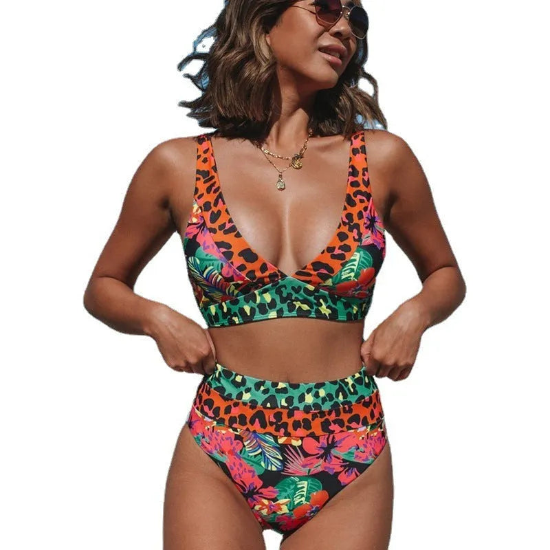 Women's floral print high-waist bikini set for swimming