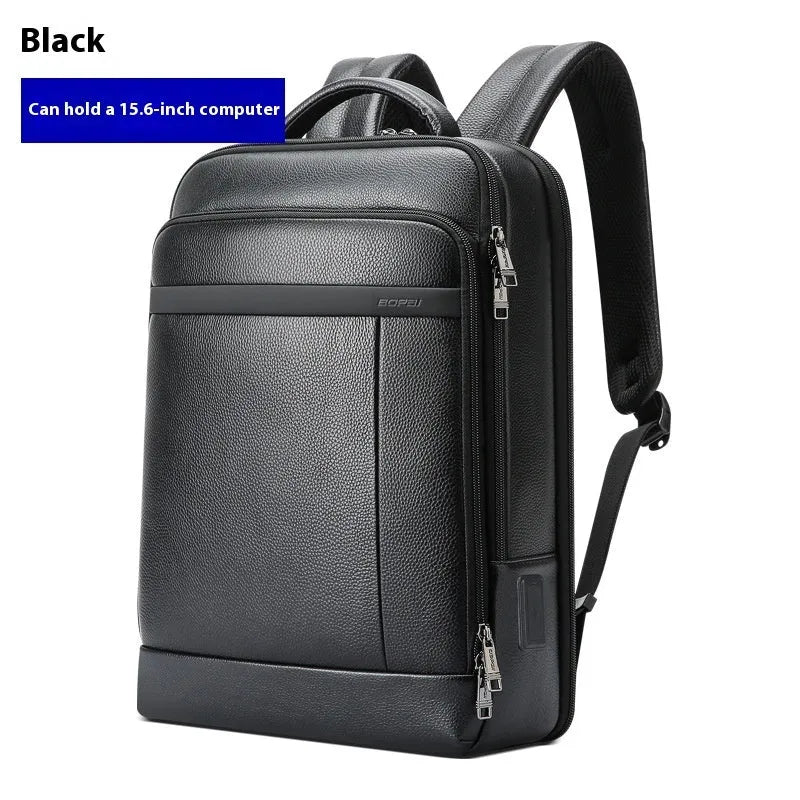 Black genuine leather men's business backpack with USB port and curved straps.