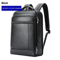 Black genuine leather men's business backpack with USB port and curved straps.