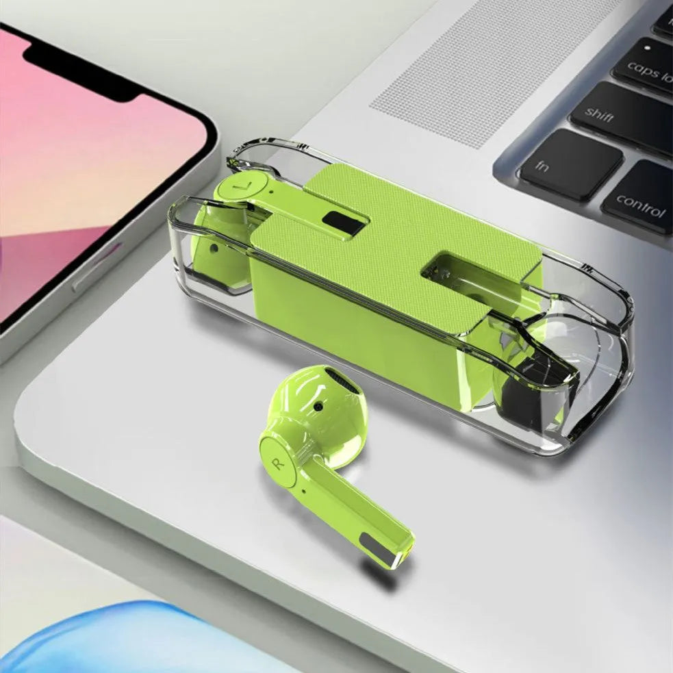 Private transparent Bluetooth 5.0 wireless earbuds in-ear earplug style with charging case pearl white