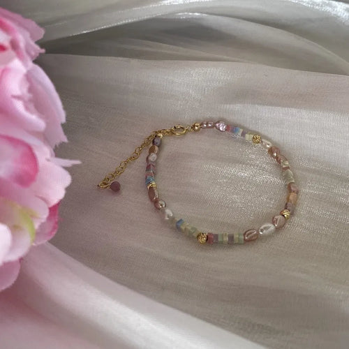 14K gilded purple women's bracelet and necklace set with irregular natural pearls