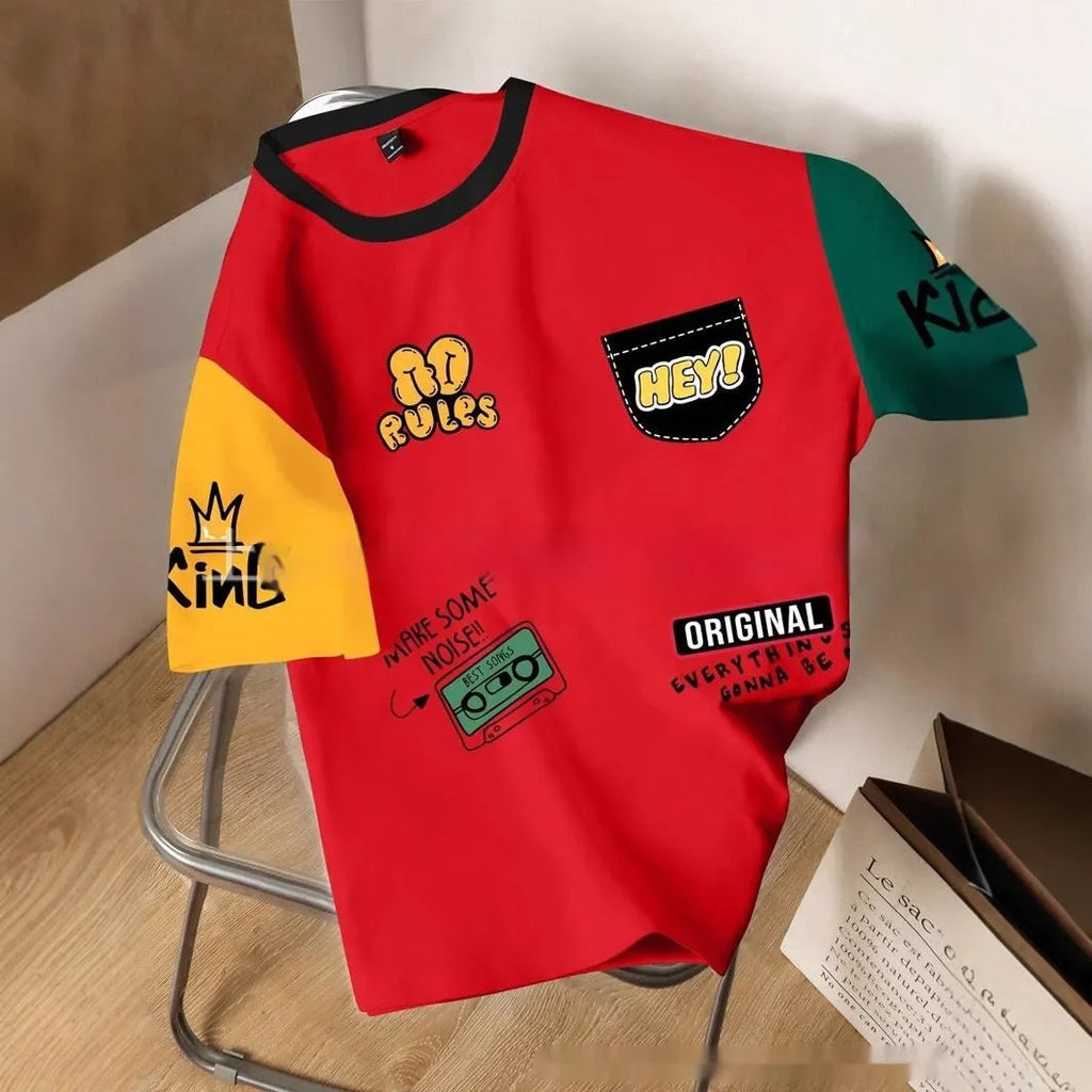 Printed loose-fit casual t-shirt for men showing digital letter pattern design on polyester fabric