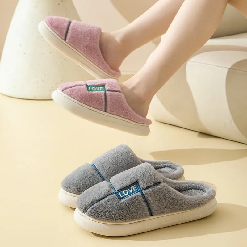 Women's furry indoor slippers in solid colour with plush upper, rubber sole, and wrapped toe, available in multiple colours