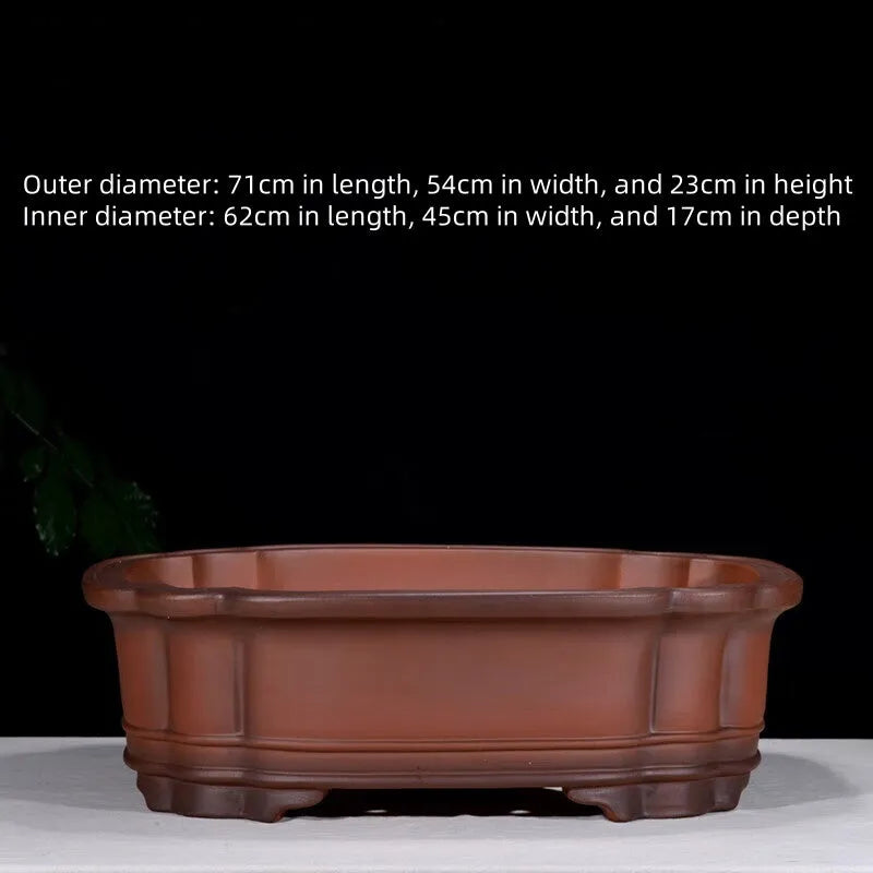 Antique Chinese style purple clay rectangular flowerpot with tree stump and floral relief pattern, 71cm long