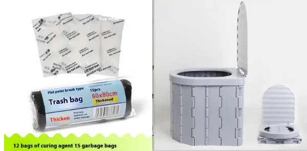 Disposable emergency urine bag kit with black degradable bags and curing agent sachets.