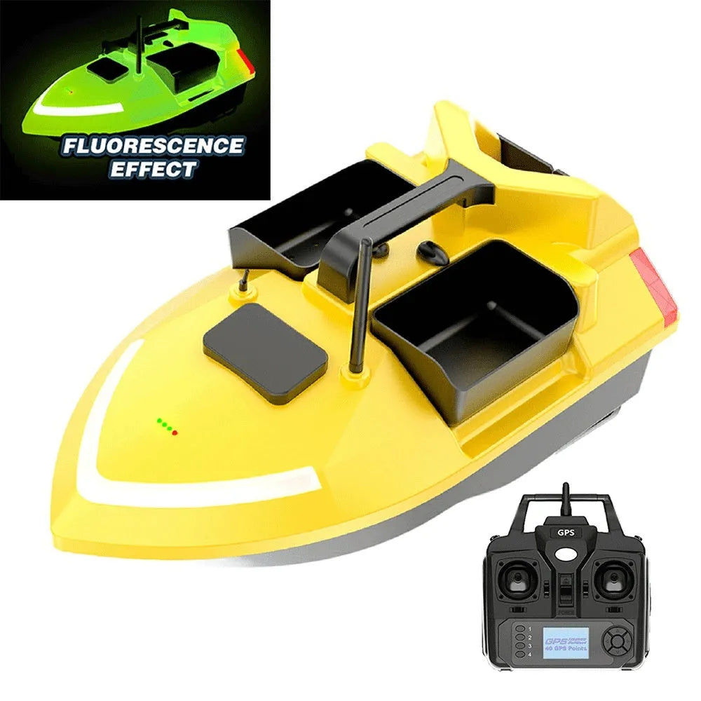 Black GPS remote control fishing boat on water with handheld transmitter, showing LED light.