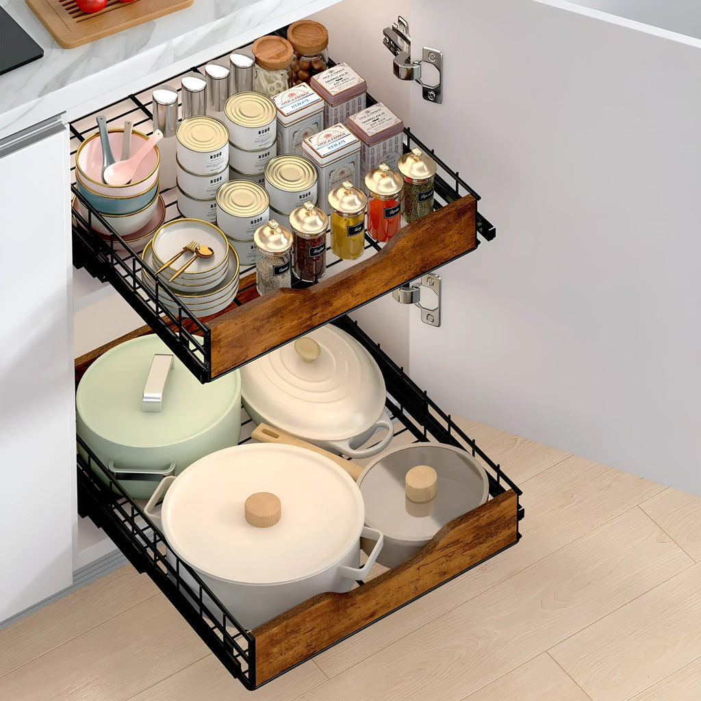 Black household storage rack with a pull basket drawer, made from wood and iron.