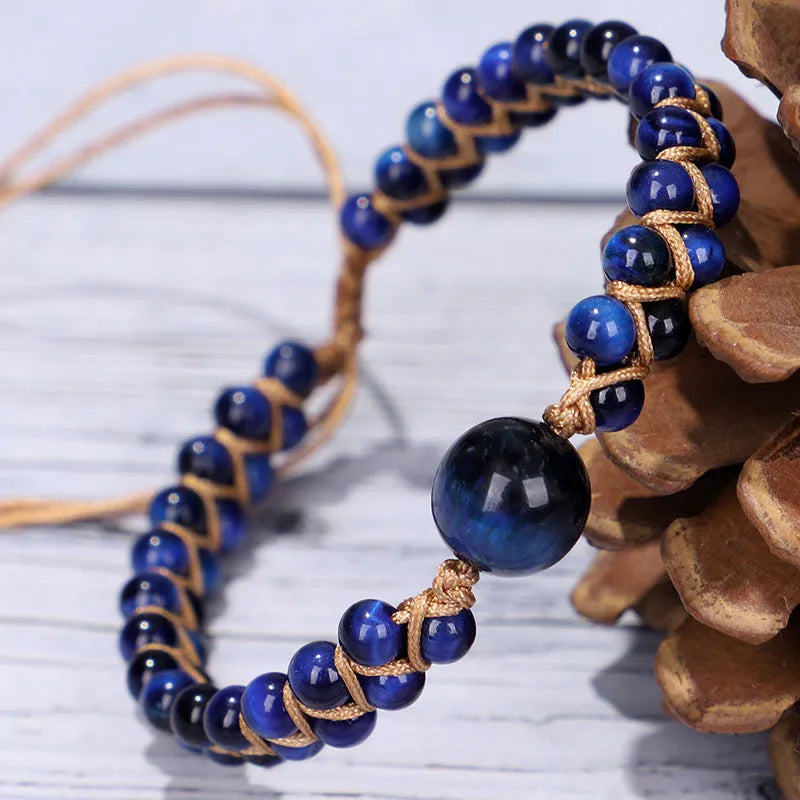 Handmade woven pull bracelet geometry design in blue Tigereye stone