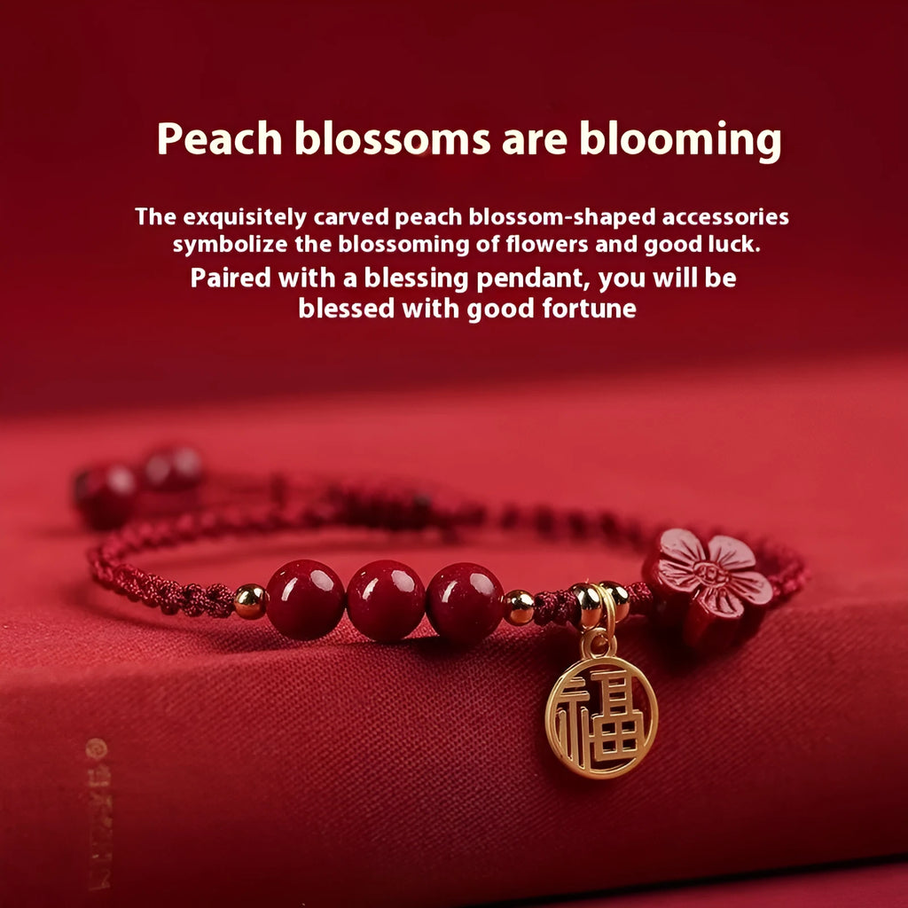 Cinnabar bracelet with braided rope and peach blossom charm for exam luck