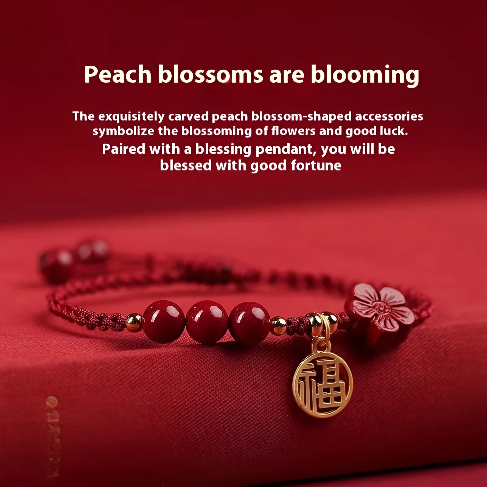 Cinnabar bracelet with braided rope and peach blossom charm for exam luck