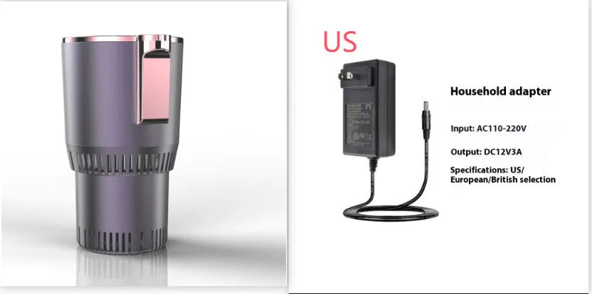 Black car cup holder with digital temperature display showing heating and cooling functions for 12V vehicle use