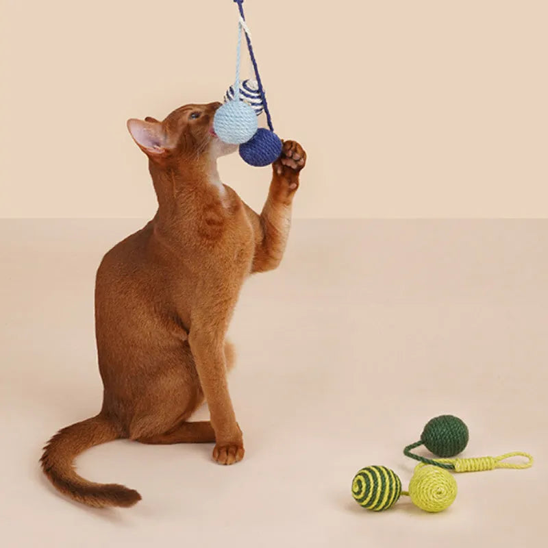 Cat toy set with teaser stick and catnip balls in blue, green, red, or yellow