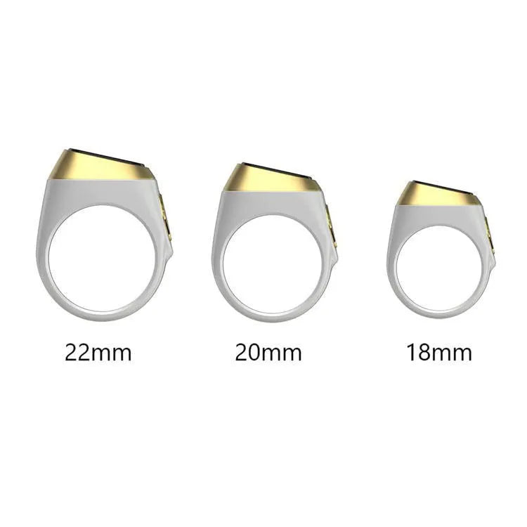 Zikr1 Lite smart ring in silver on a charging case, showing its OLED display and single button.