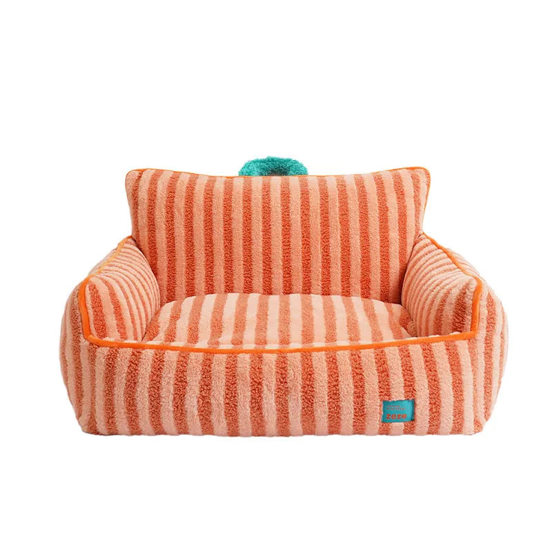 Striped soft velvet dog bed with a removable cover in orange, purple, or yellow.