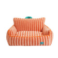 Striped soft velvet dog bed with a removable cover in orange, purple, or yellow.