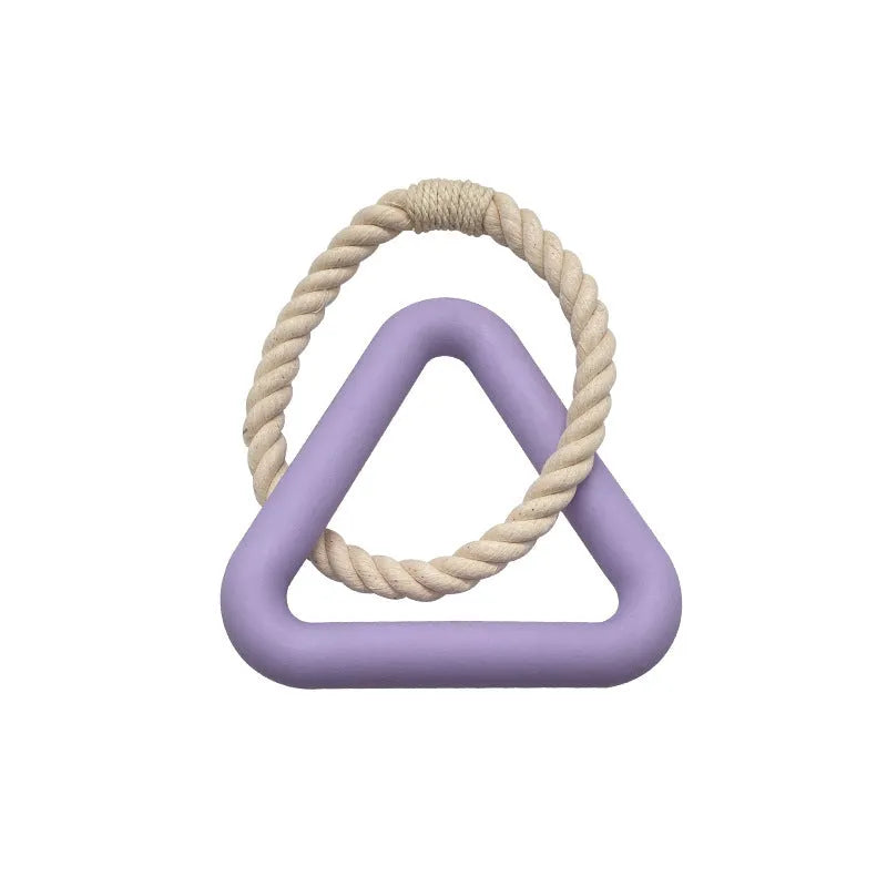 Large triangular cotton rope pull ring pet toy with a long leash in beige, pink, or purple colour options.