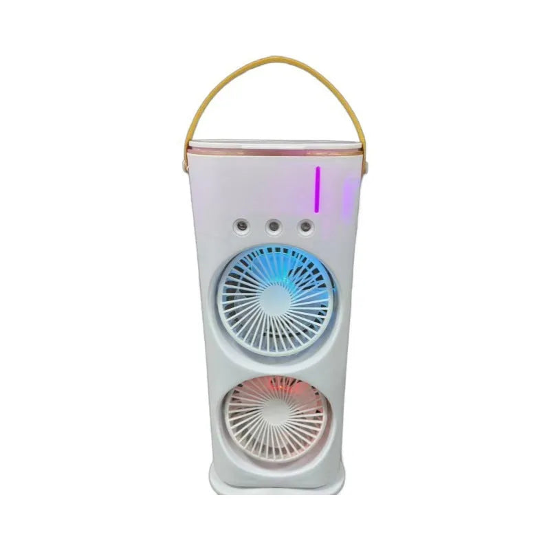 White portable humidifier fan with two spray heads, remote control, and coloured LED lights on a desk.