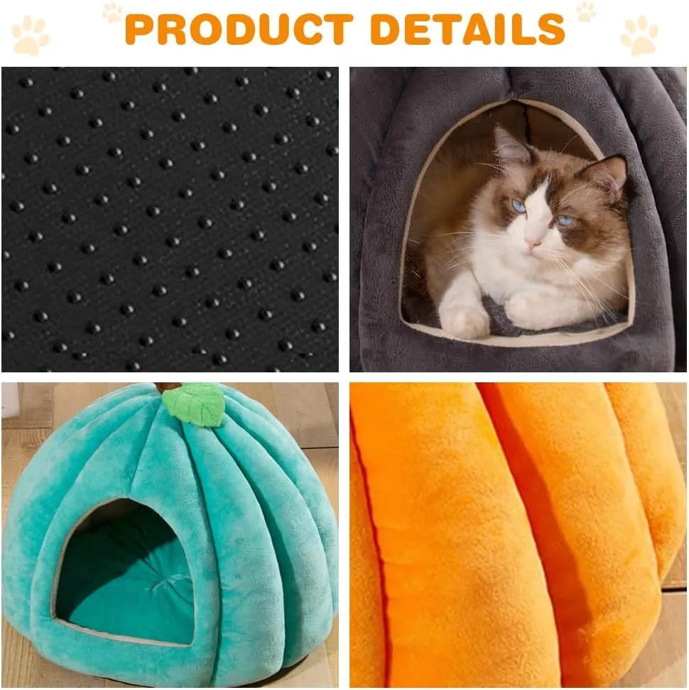 Grey pumpkin-shaped semi-enclosed cat cave bed with a round entry hole on a wooden floor.