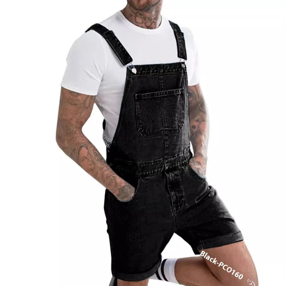 A pair of black denim suspender pants with a mid waist, zipper fly, and straight leg shorts cut on a mannequin.