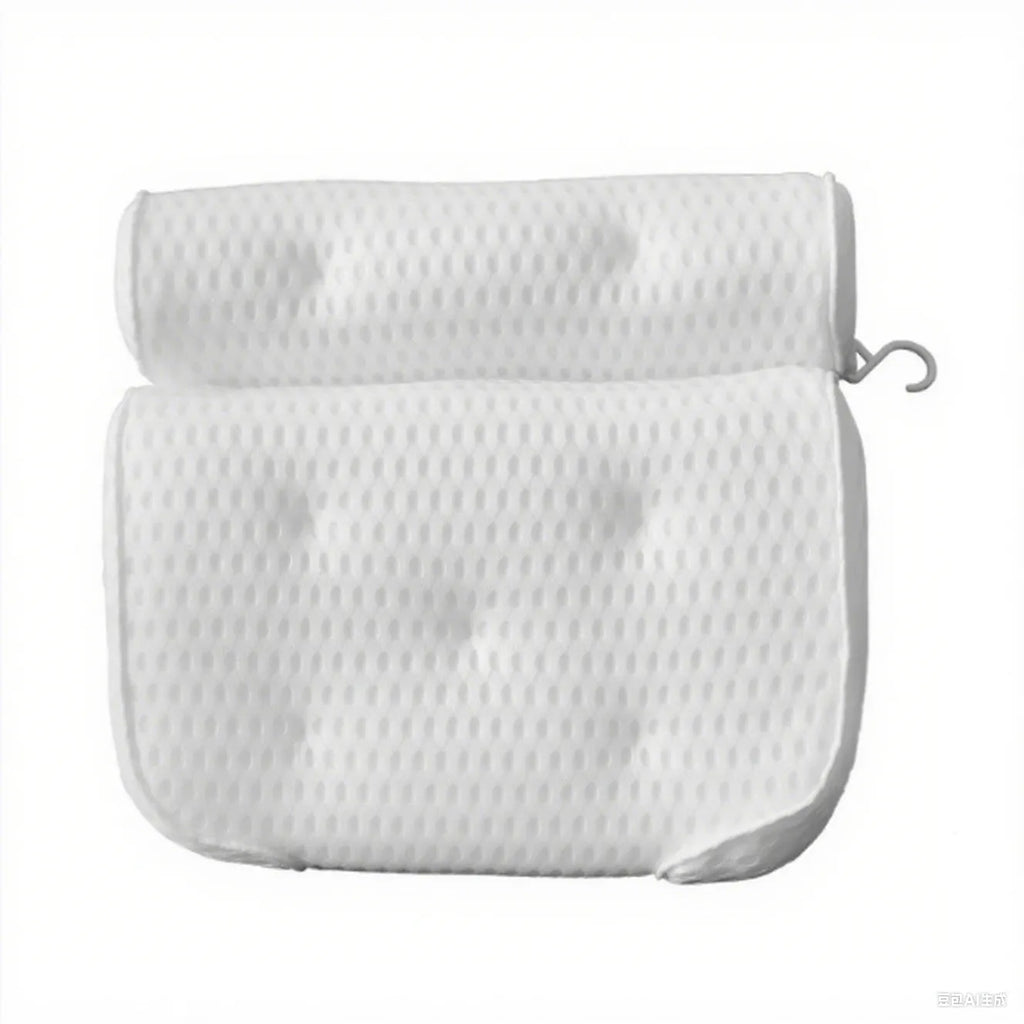 White bathtub pillow with mesh design and suction cups on underside