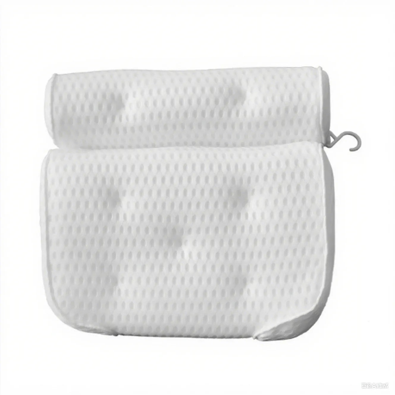 White bathtub pillow with mesh design and suction cups on underside