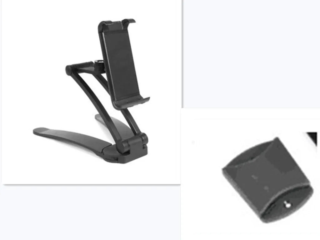Silver aluminium alloy desktop tablet stand holding a tablet, showing 360-degree adjustable arm and mounting base.