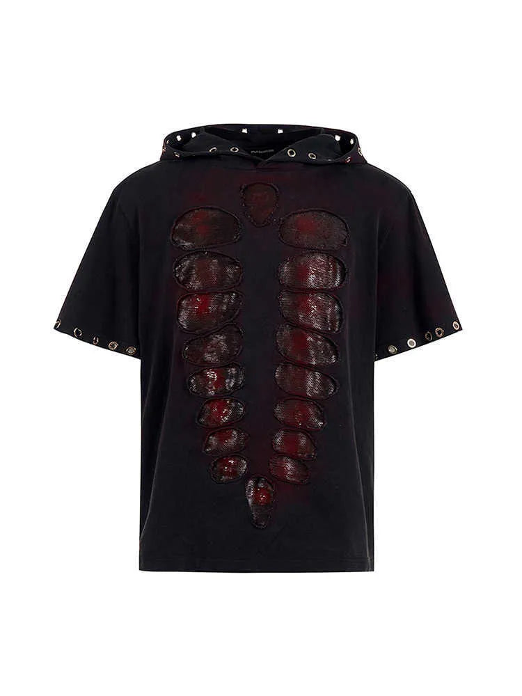 Black men's hooded short-sleeved T-shirt with sequin decoration loose fit