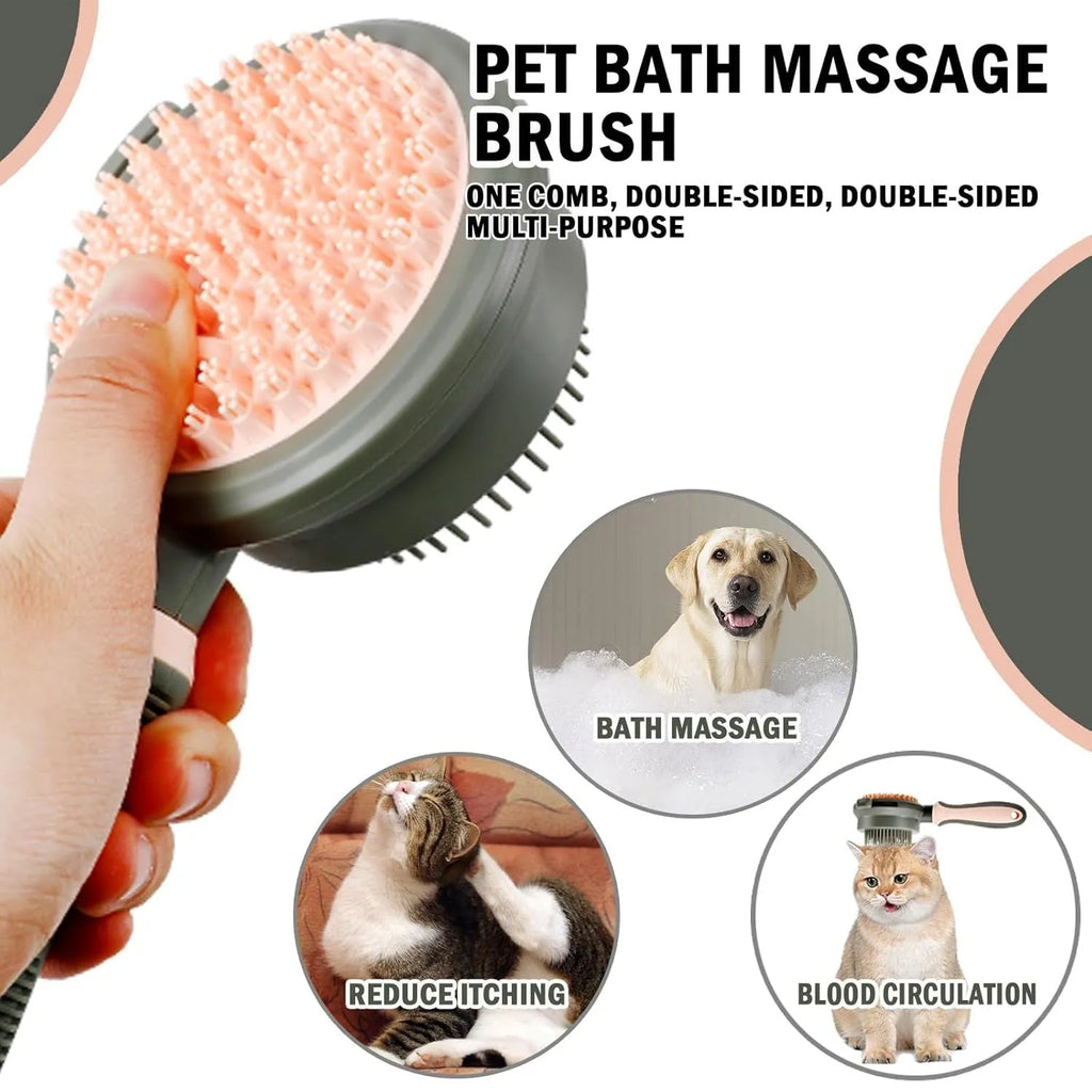 Green and pink double-sided cat brush with a release button and flea comb for grooming.