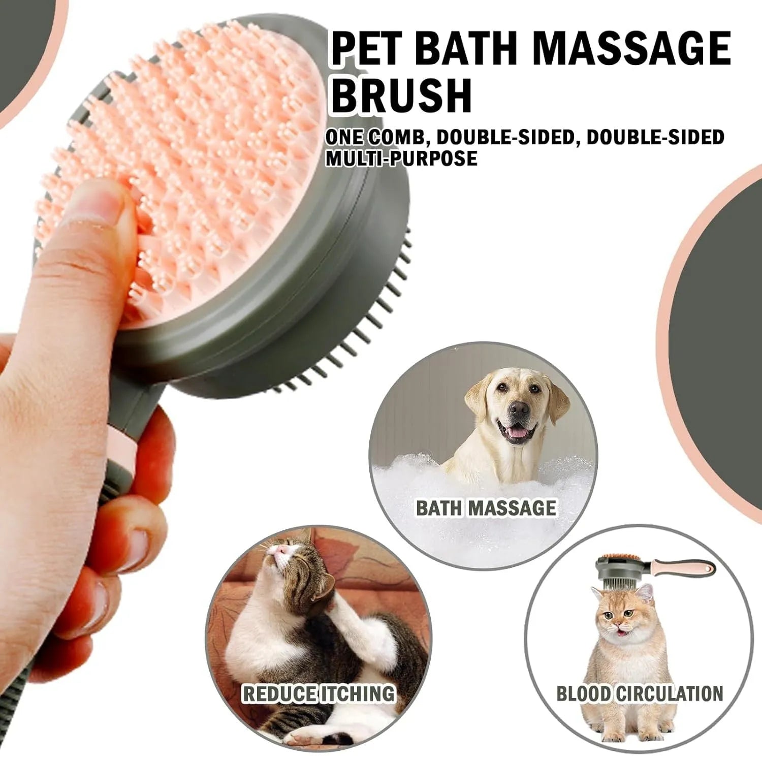 Green and pink double-sided cat brush with a release button and flea comb for grooming.
