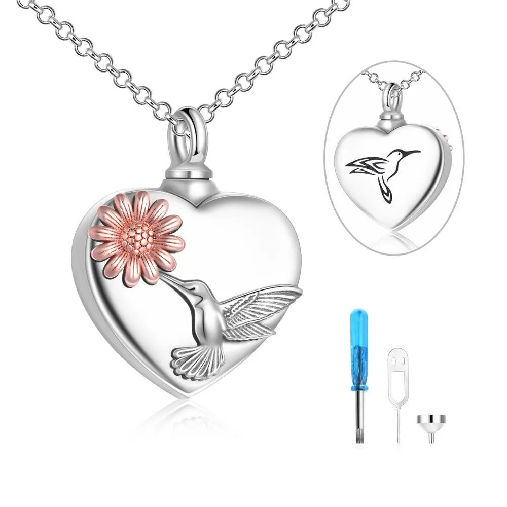 Hummingbird heart sunflower urn necklace in 925 sterling silver with screw-top pendant and chain
