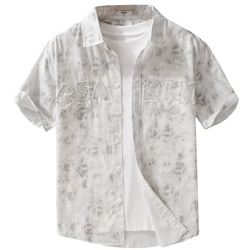 Men's light pink pure cotton short sleeve cardigan with hanging dyed print in loose fit