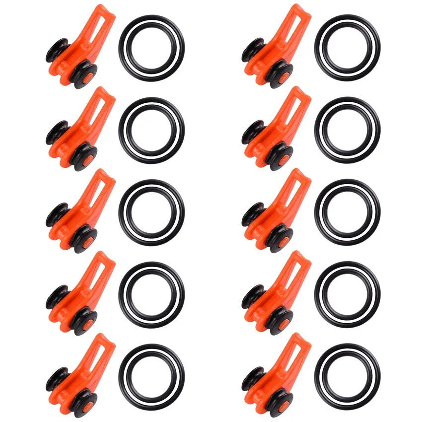 Pack of 10 plastic lure bait hangers in orange, green, blue, and other colours for fishing tackle organisation