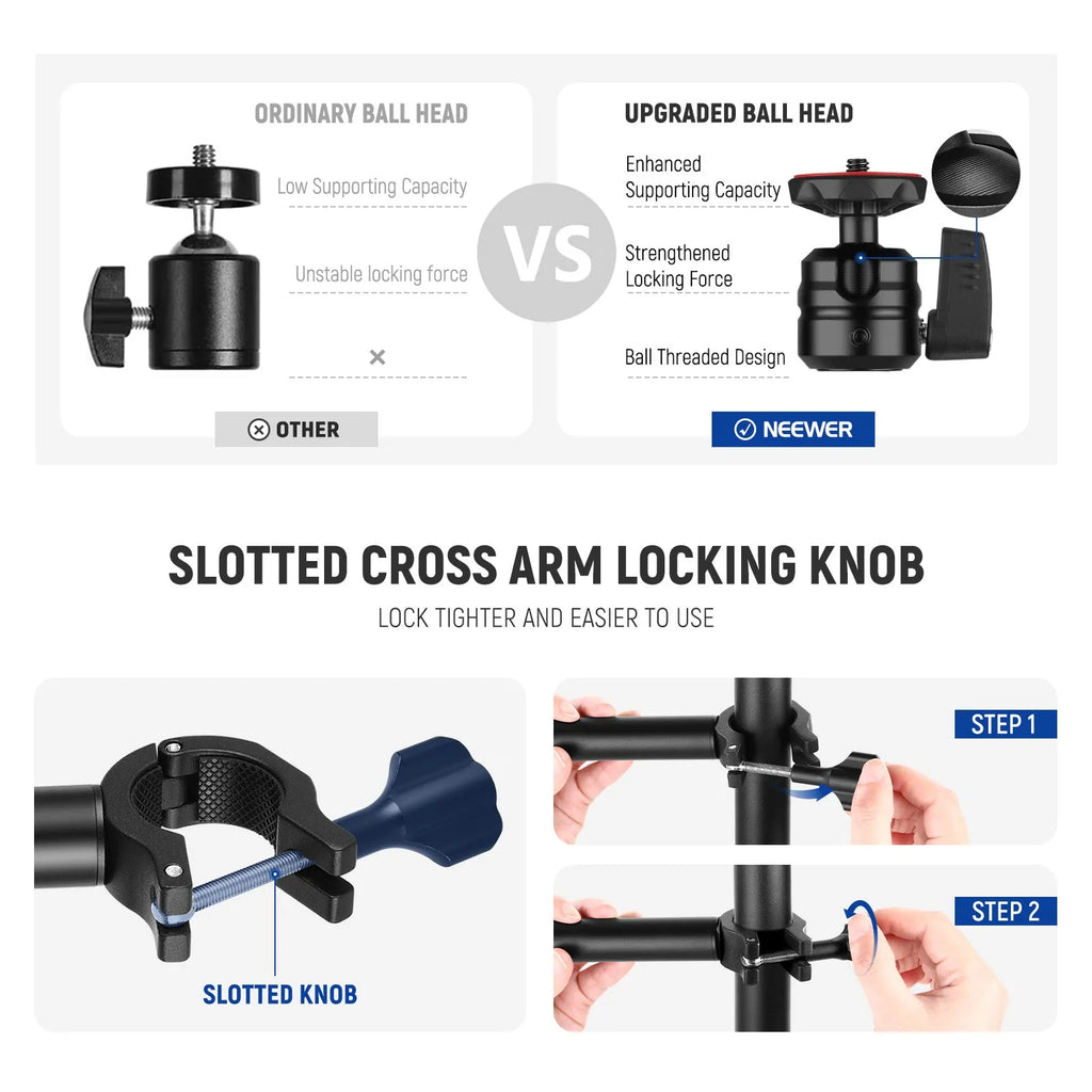 Portable metal desktop photography stand with adjustable cross arm and metal cellphone holder