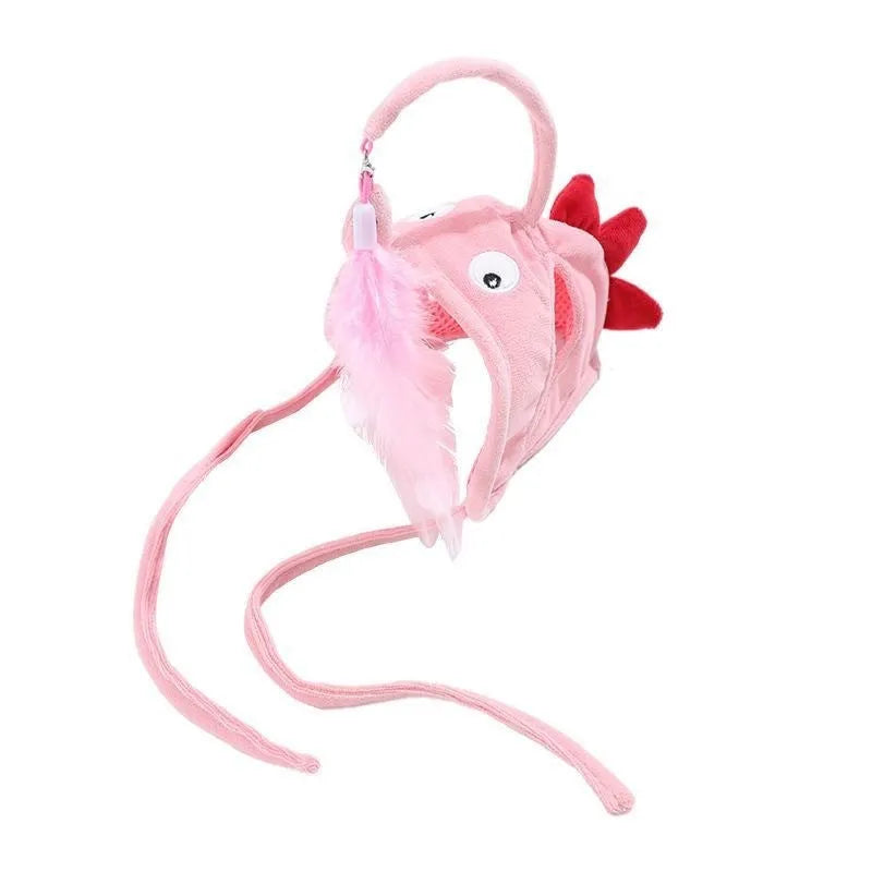 Grey big eye fish design cat toy with feather head teaser and adjustable neckband