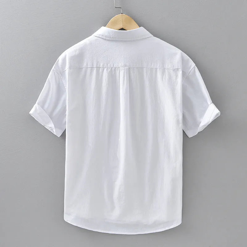 Men's loose-fitting cotton summer shirt in light grey colour with short sleeves and cardigan style