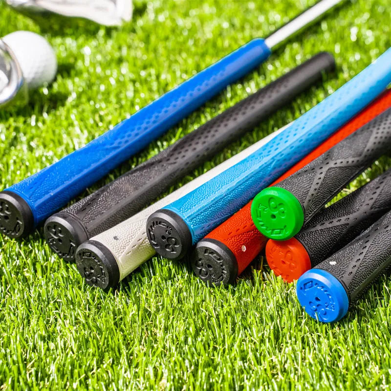 TPE golf club grip in various colours including pink, red, blue, white, and two-tone black with coloured head.