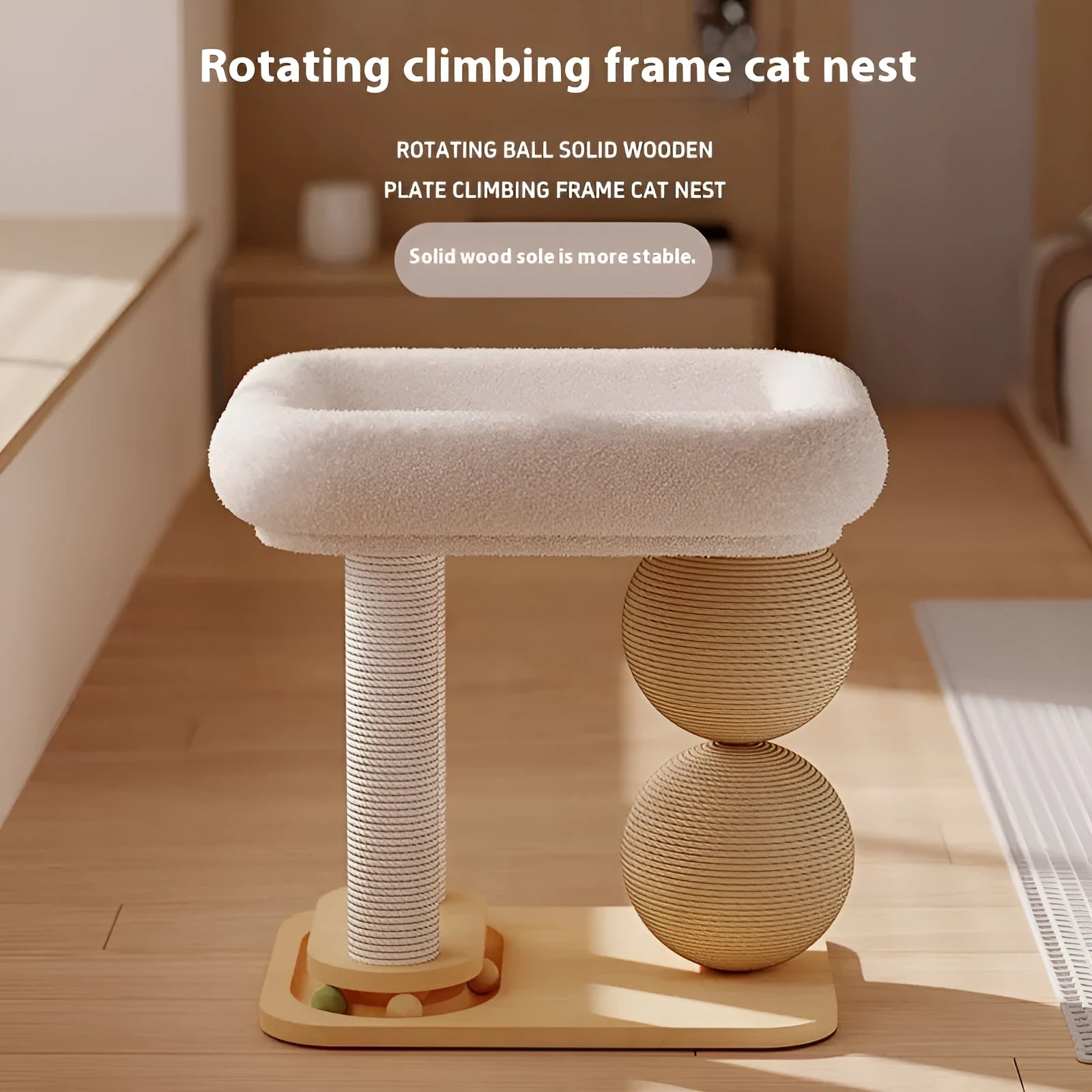 Simple pine wood cat nest with a sisal rope scratching ball attached.