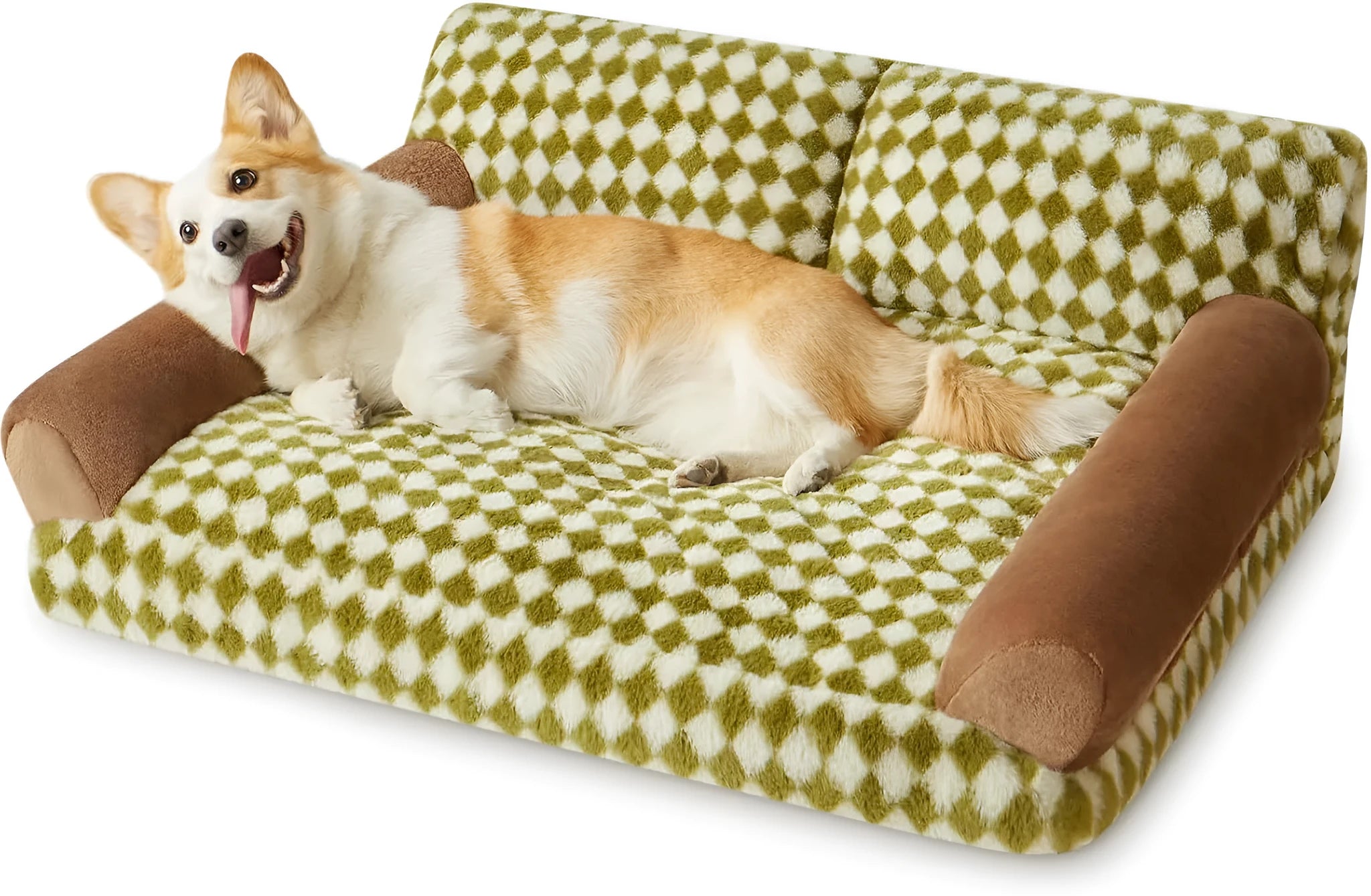 Small grey checkered pet sofa bed with a non-slip base and removable cover.