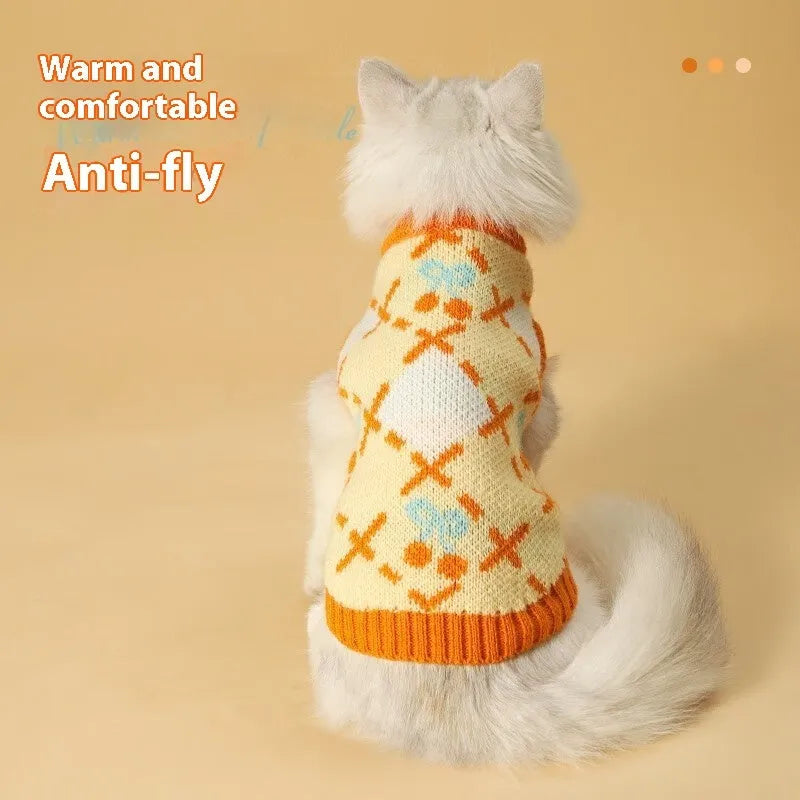 Orange cherry diamond pattern cat sweater for autumn winter warmth in S M L XL sizes