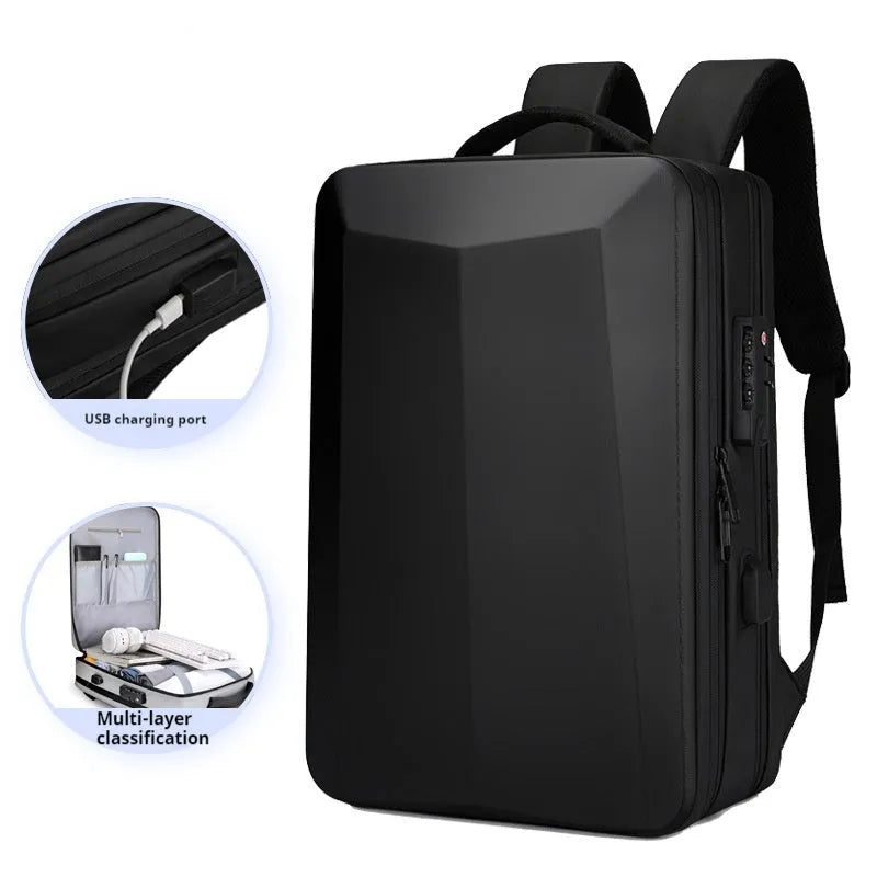 Black and silver white waterproof business backpack made from ABS PC and Oxford cloth with curved shoulder straps