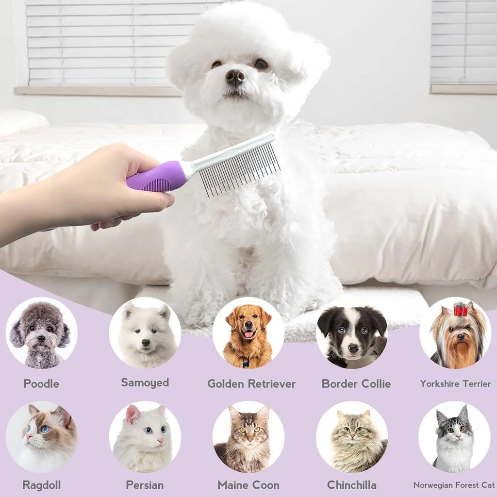Purple pet detangling comb with stainless steel teeth and ergonomic handle for dogs and cats.