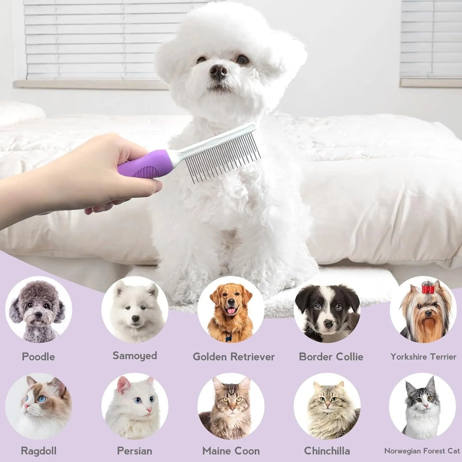 Purple pet detangling comb with stainless steel teeth and ergonomic handle for dogs and cats.